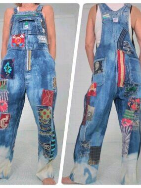Denim Overalls, Vintage Overalls, vintage patches, upcycled jeans, Patchwork